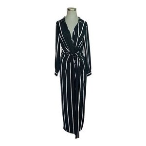 Boston Proper Black White Striped Wrap Tie Waist Dress Women’s Maxi Dress M EXC
